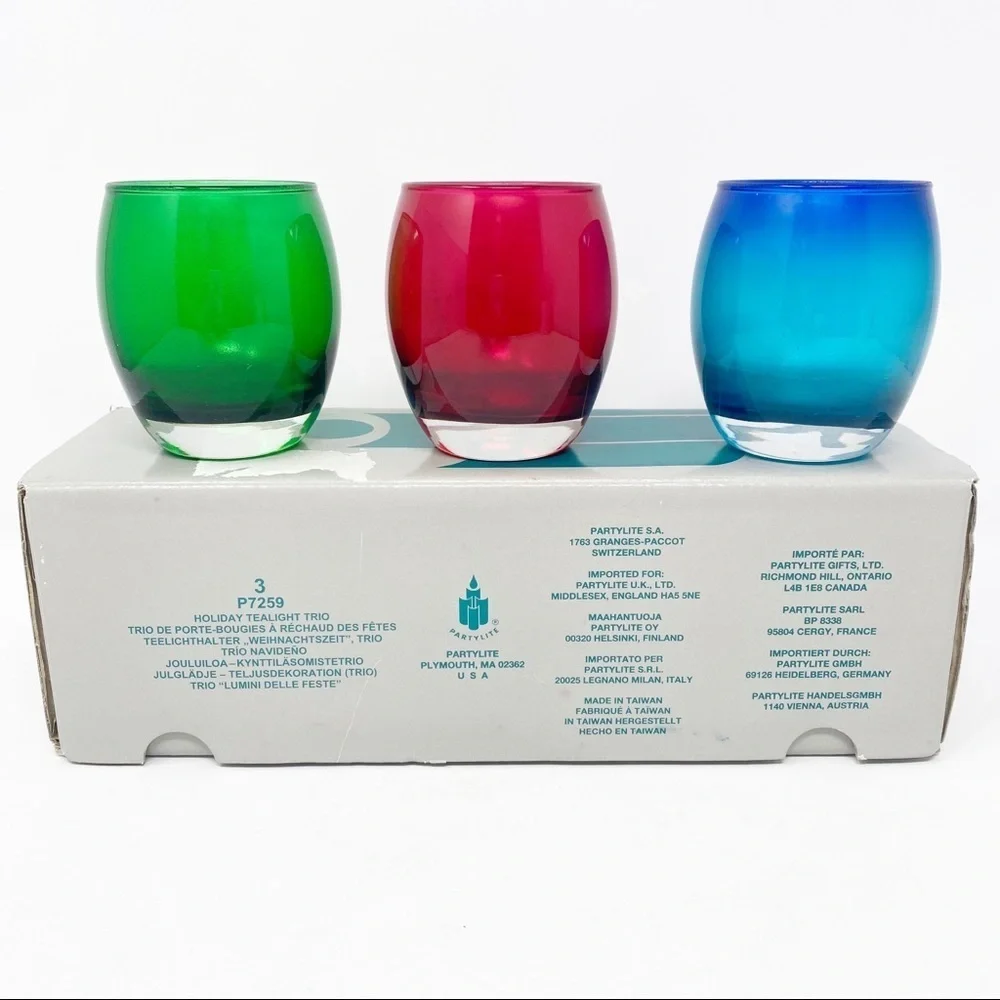 PARTYLITE Tealight Trio Candle Holders P7259 Set of 3 Holiday Green, Red, Blue